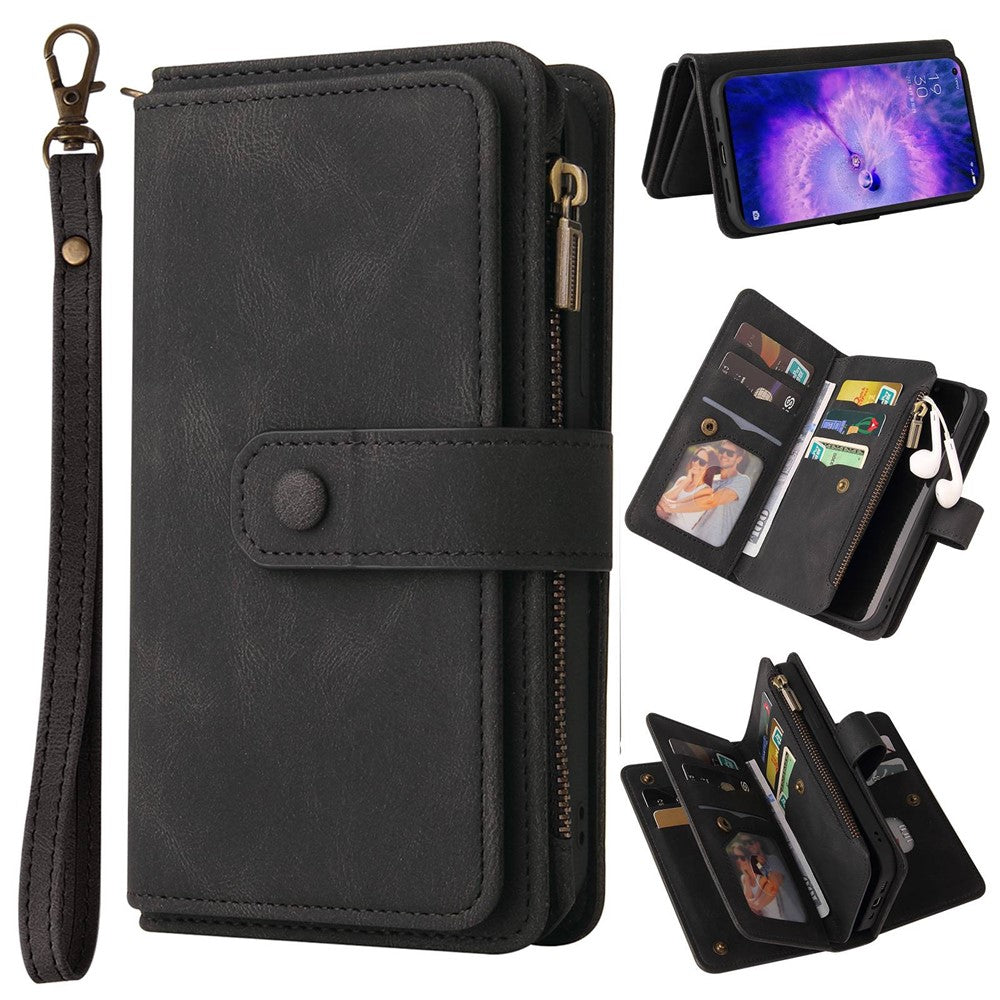 For Oppo Find X5 Pro Zipper Wallet Case with 15 Card Slots and Strap Leather Phone Cover