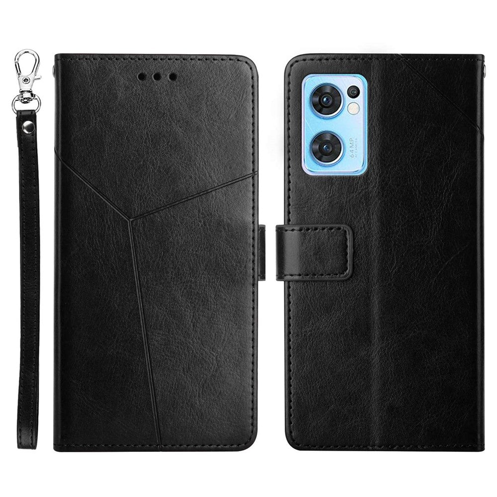 HT01 For Oppo Find X5 Lite/Reno7 5G (Global) Y-Shaped Lines Imprinted Wallet Leather Case Foldable Stand Phone Shell