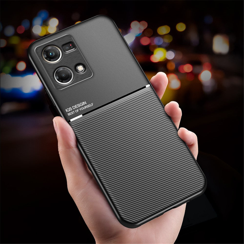 Protective Phone Case for Oppo Reno7 4G Anti-scratch Anti-fall Lines Imprinted PU Leather TPU Shell with Built-in Metal Sheet