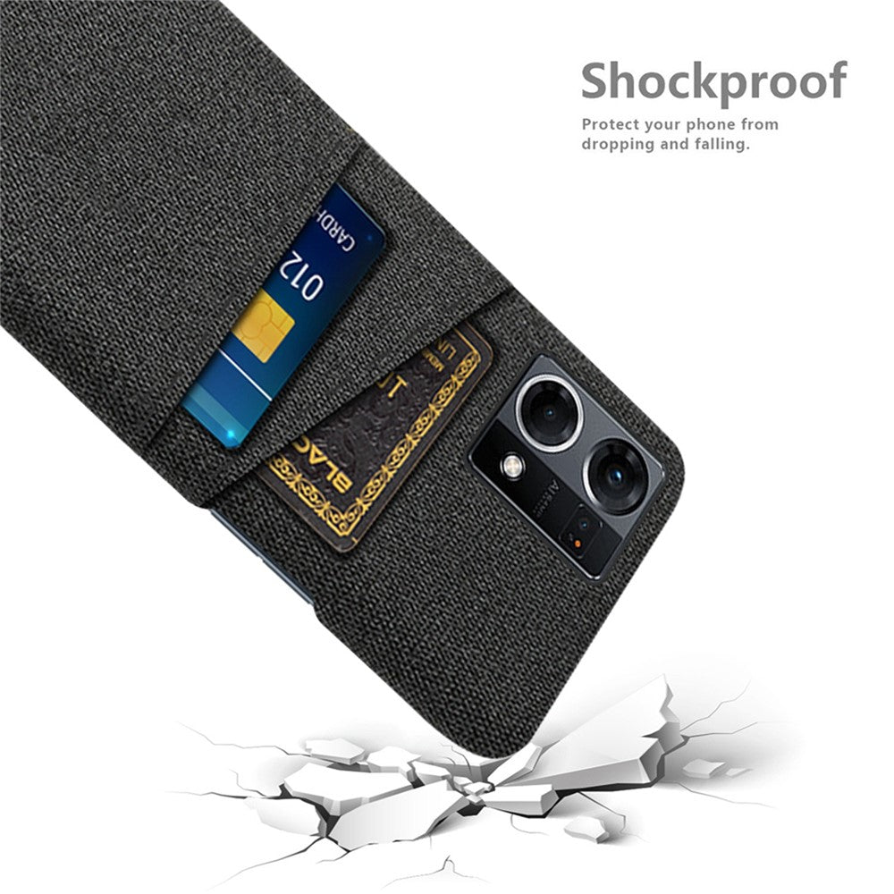 mobilskal med dubbla kortplatser för Oppo Reno7 4G, tygstruktur, fallsäkert tyg + PC-bakstycke