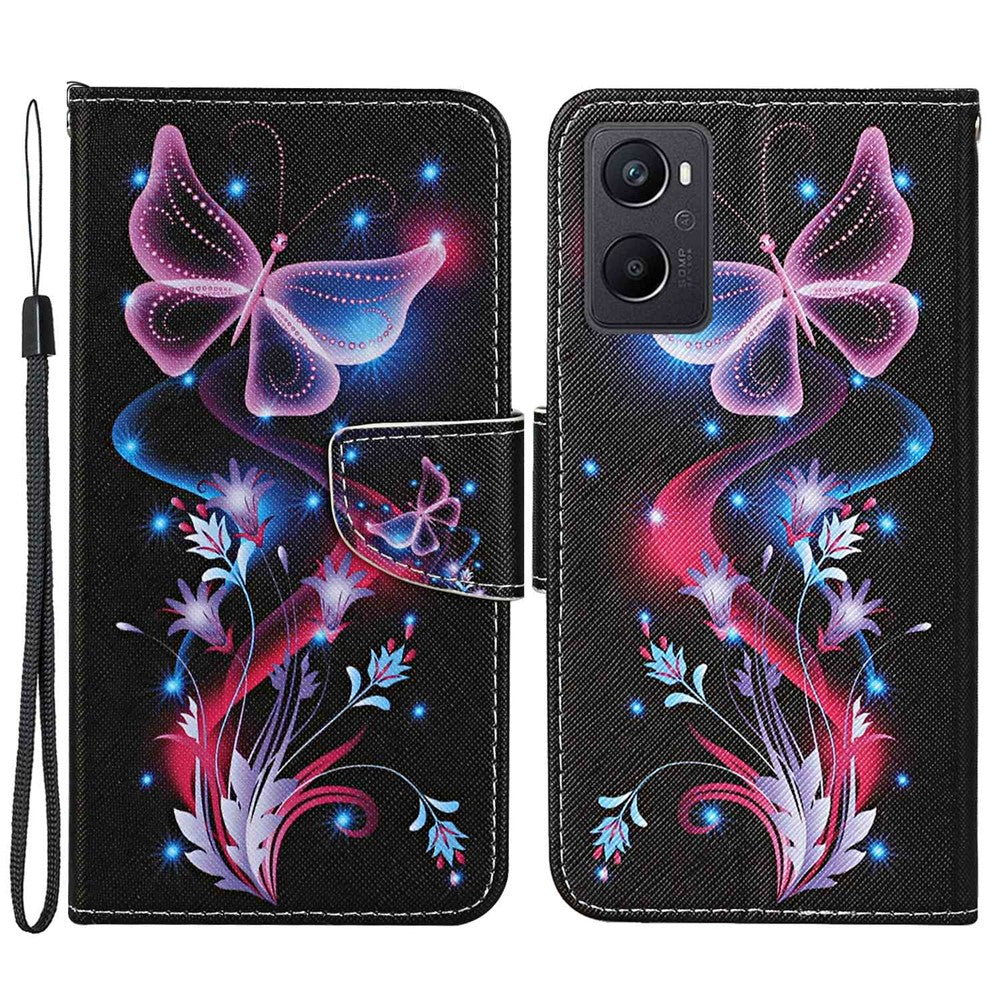 Pattern Printing Cross Texture Phone Case for Oppo A96 4G, PU Leather Wallet Stand Folio Flip Shell with Strap