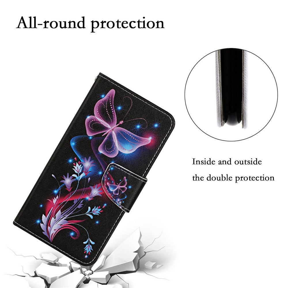 Pattern Printing Cross Texture Phone Case for Oppo A96 4G, PU Leather Wallet Stand Folio Flip Shell with Strap