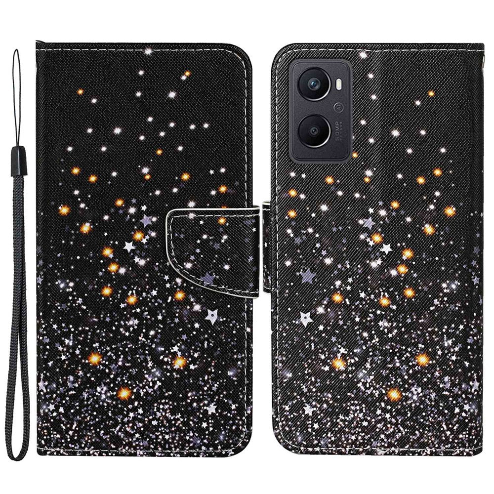 Pattern Printing Cross Texture Phone Case for Oppo A96 4G, PU Leather Wallet Stand Folio Flip Shell with Strap