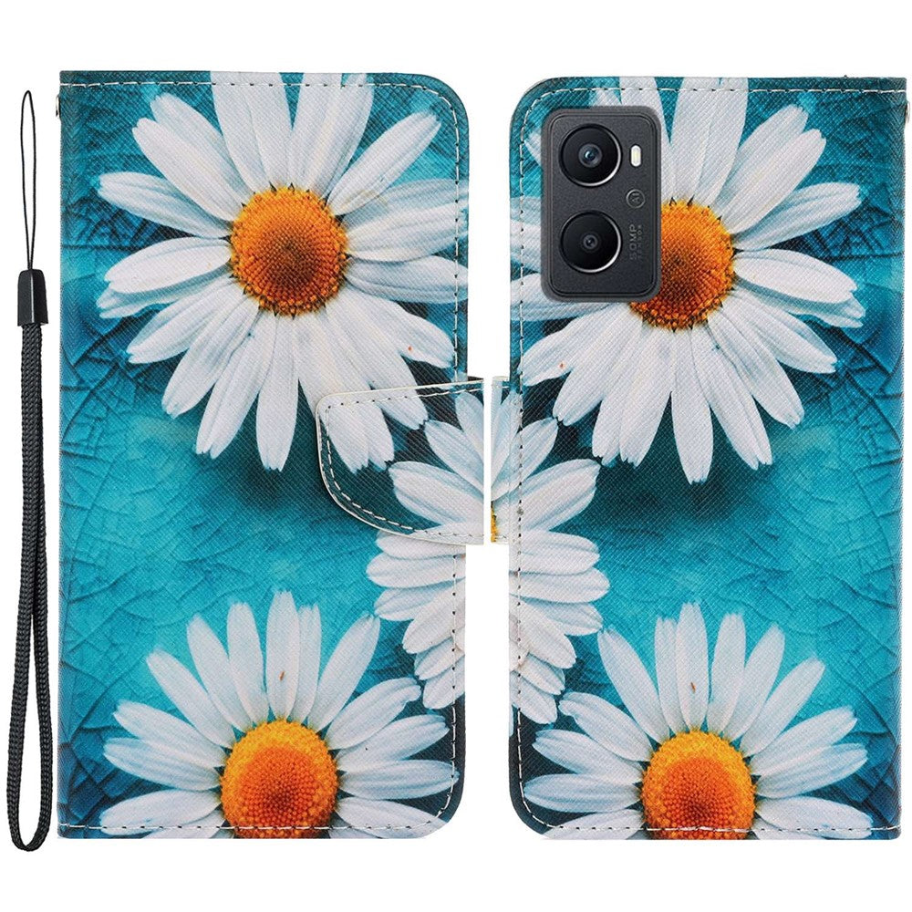 Pattern Printing Cross Texture Phone Case for Oppo A96 4G, PU Leather Wallet Stand Folio Flip Shell with Strap