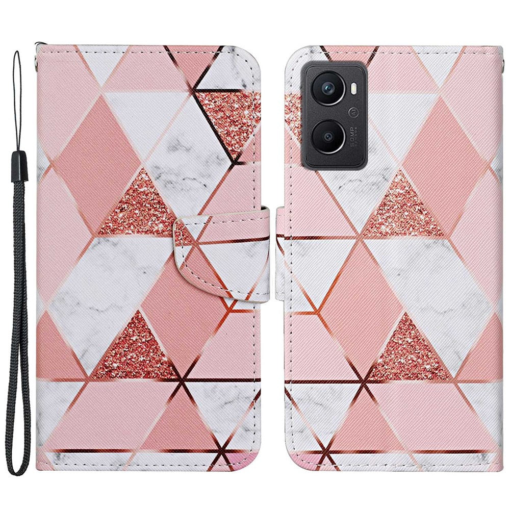 Pattern Printing Cross Texture Phone Case for Oppo A96 4G, PU Leather Wallet Stand Folio Flip Shell with Strap