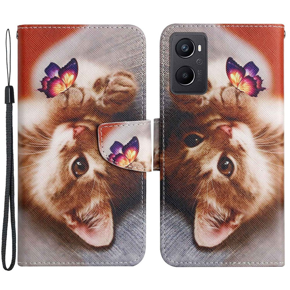 Pattern Printing Cross Texture Phone Case for Oppo A96 4G, PU Leather Wallet Stand Folio Flip Shell with Strap