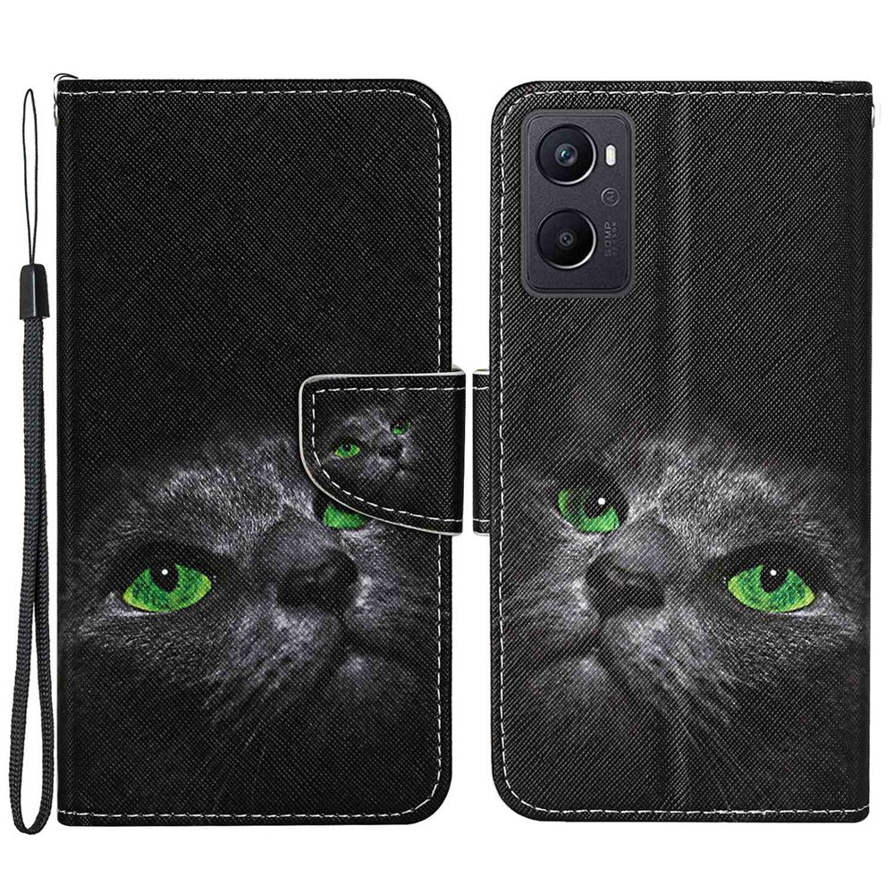 Pattern Printing Cross Texture Phone Case for Oppo A96 4G, PU Leather Wallet Stand Folio Flip Shell with Strap