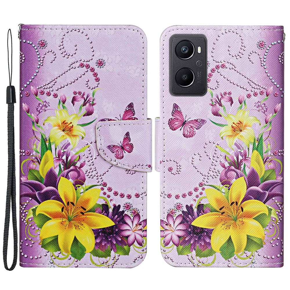 Pattern Printing Cross Texture Phone Case for Oppo A96 4G, PU Leather Wallet Stand Folio Flip Shell with Strap