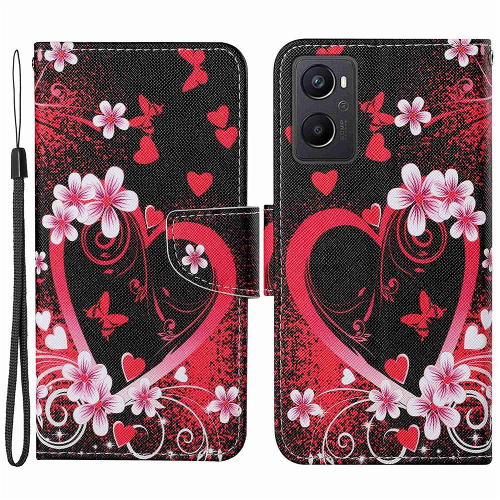 Pattern Printing Cross Texture Phone Case for Oppo A96 4G, PU Leather Wallet Stand Folio Flip Shell with Strap