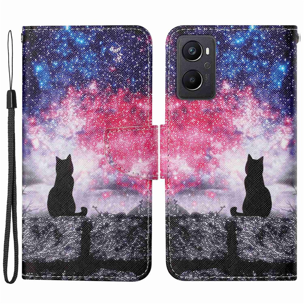 Pattern Printing Cross Texture Phone Case for Oppo A96 4G, PU Leather Wallet Stand Folio Flip Shell with Strap