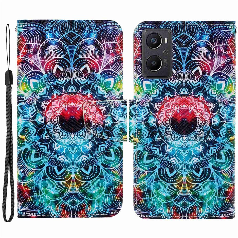 Pattern Printing Cross Texture Phone Case for Oppo A96 4G, PU Leather Wallet Stand Folio Flip Shell with Strap