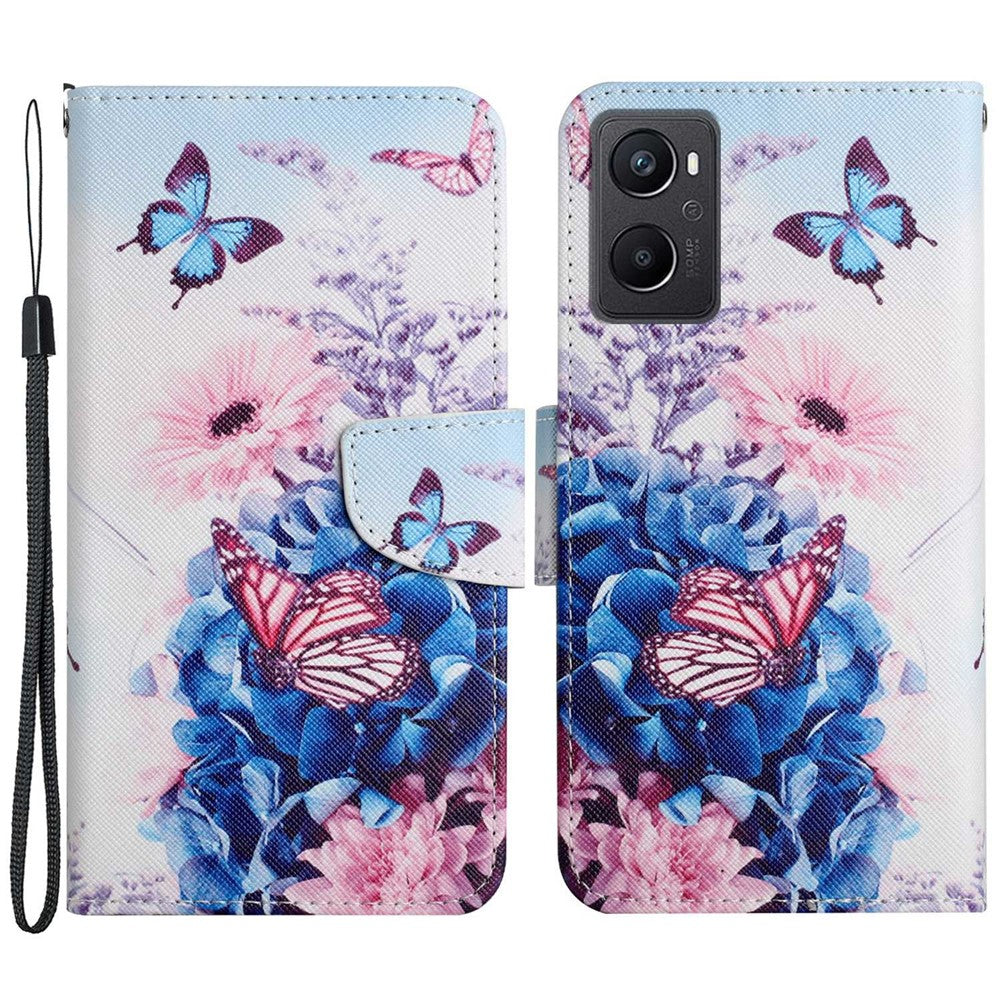 Pattern Printing Cross Texture Phone Case for Oppo A96 4G, PU Leather Wallet Stand Folio Flip Shell with Strap