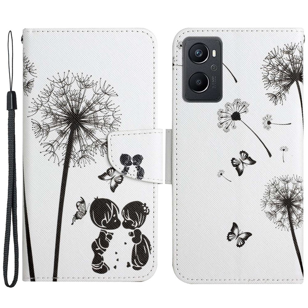 Pattern Printing Cross Texture Phone Case for Oppo A96 4G, PU Leather Wallet Stand Folio Flip Shell with Strap