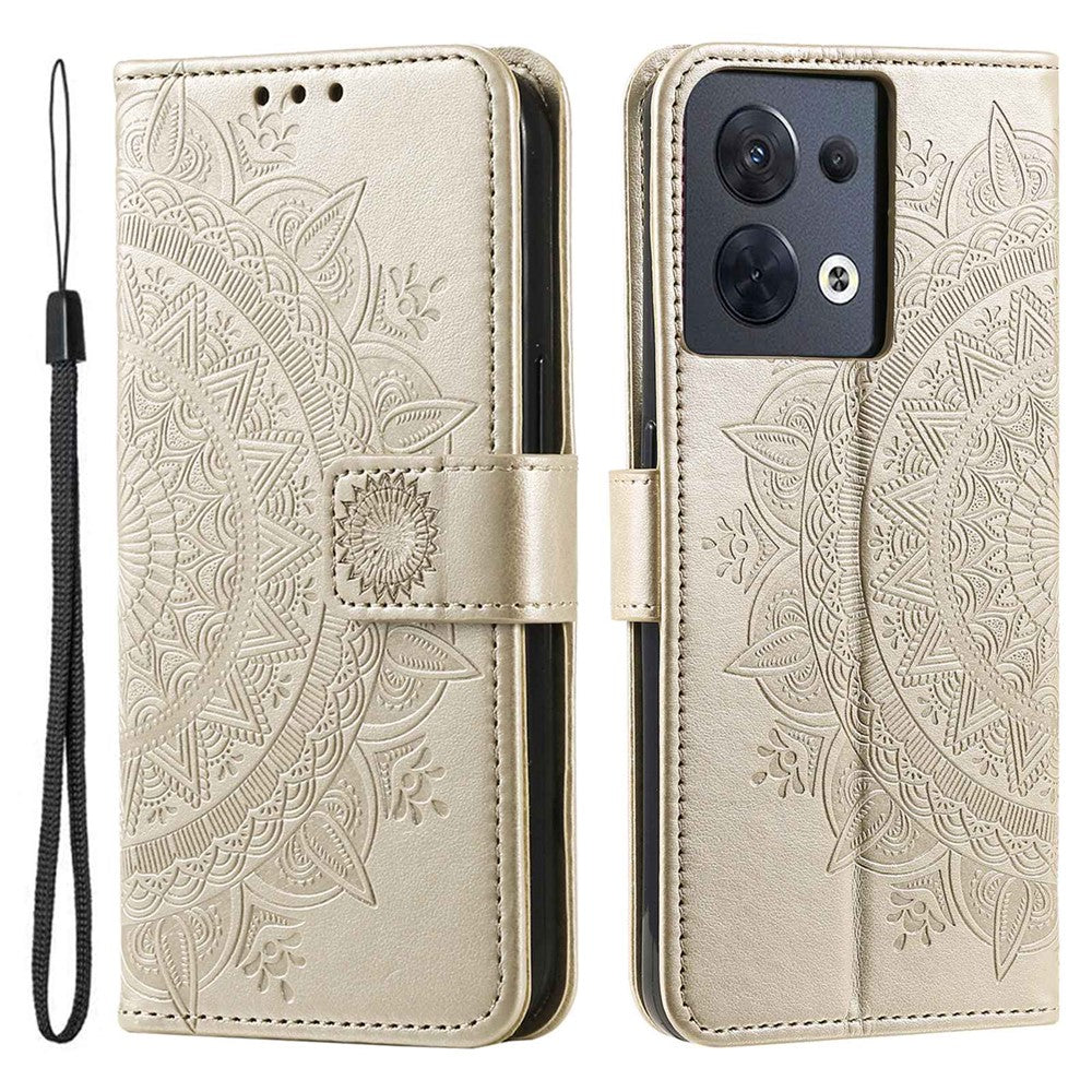 For Oppo Reno8 5G (Global Version) / Reno8 5G Shockproof Phone Wallet Case Imprinted Mandala Flower Pattern PU Leather Wrist Strap Stand Feature Flip Cover