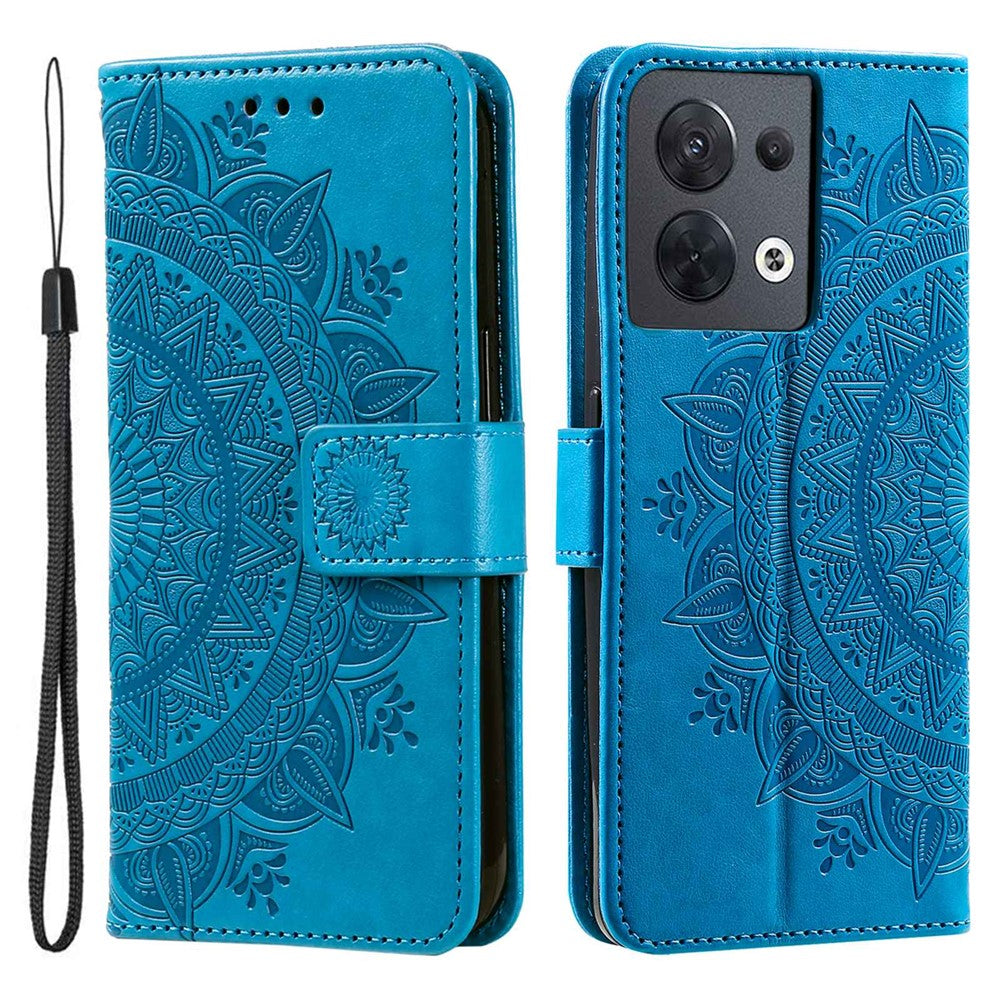 For Oppo Reno8 5G (Global Version) / Reno8 5G Shockproof Phone Wallet Case Imprinted Mandala Flower Pattern PU Leather Wrist Strap Stand Feature Flip Cover