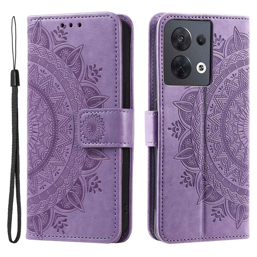 For Oppo Reno8 5G (Global Version) / Reno8 5G Shockproof Phone Wallet Case Imprinted Mandala Flower Pattern PU Leather Wrist Strap Stand Feature Flip Cover
