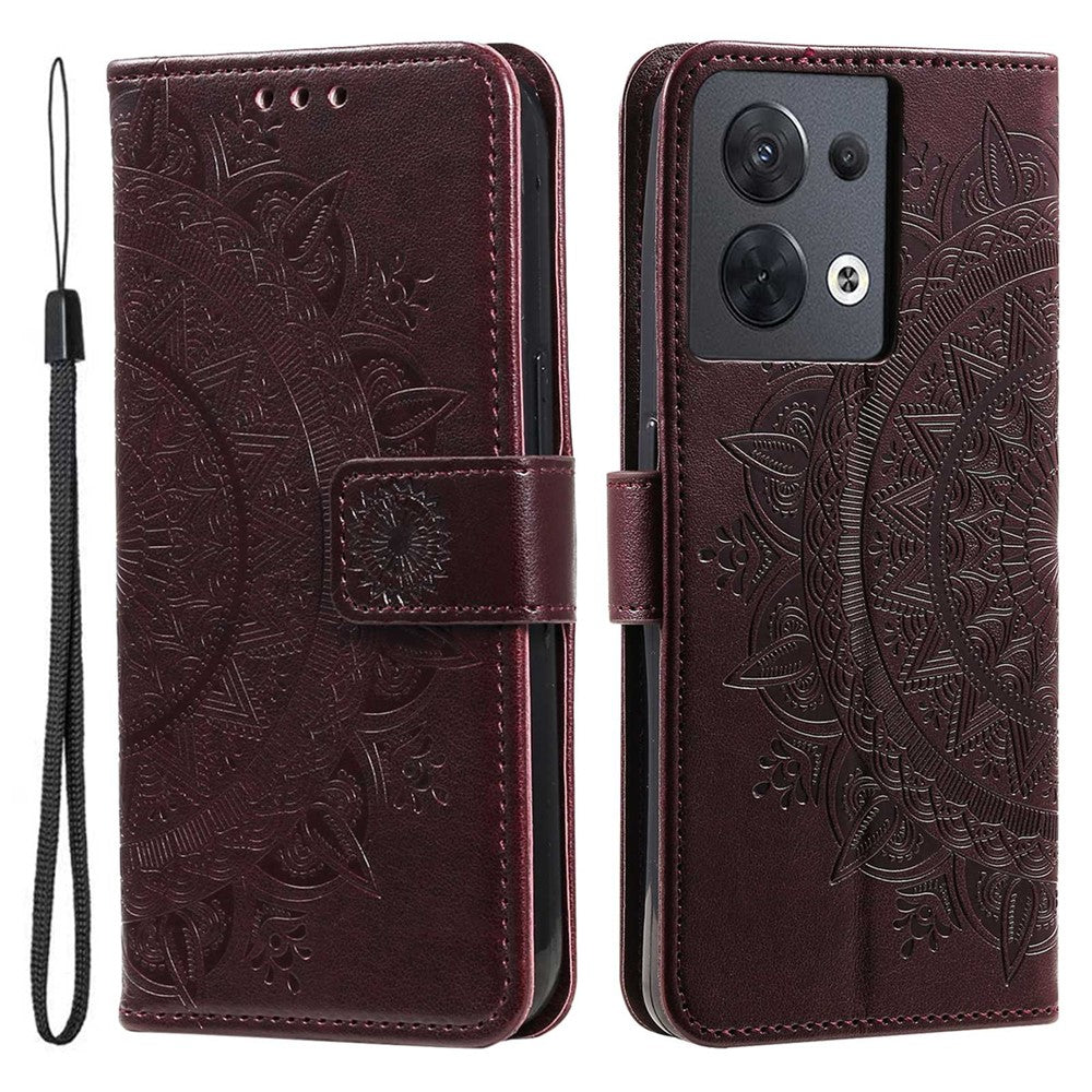 For Oppo Reno8 5G (Global Version) / Reno8 5G Shockproof Phone Wallet Case Imprinted Mandala Flower Pattern PU Leather Wrist Strap Stand Feature Flip Cover