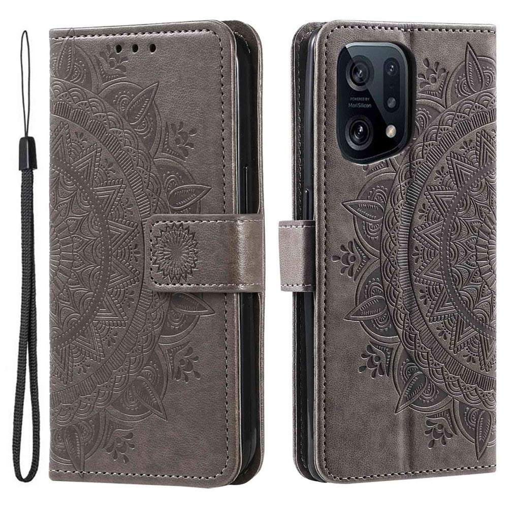 For Oppo Find X5 5G Folio Stand Cover Mandala Flower Pattern Imprinted PU Leather Wallet Shockproof Flip Case with TPU Inner Wrist Strap