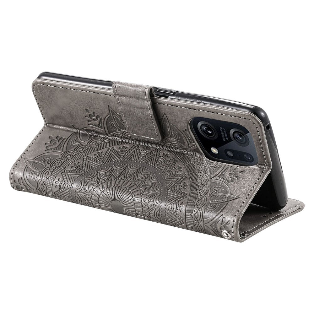 For Oppo Find X5 5G Folio Stand Cover Mandala Flower Pattern Imprinted PU Leather Wallet Shockproof Flip Case with TPU Inner Wrist Strap