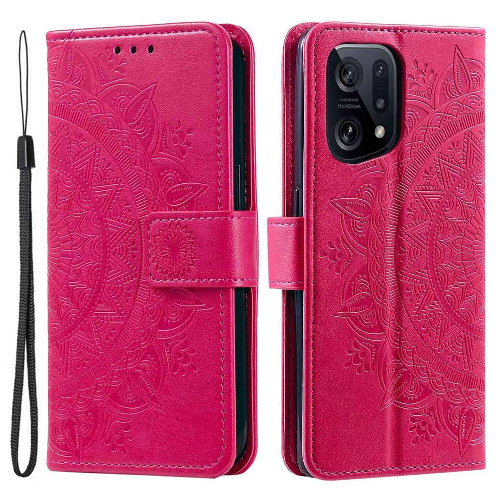 For Oppo Find X5 5G Folio Stand Cover Mandala Flower Pattern Imprinted PU Leather Wallet Shockproof Flip Case with TPU Inner Wrist Strap