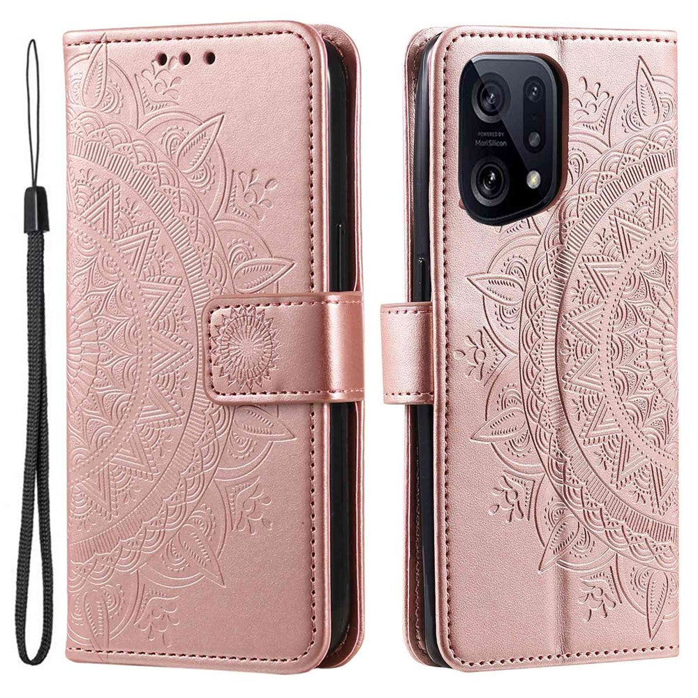 For Oppo Find X5 5G Folio Stand Cover Mandala Flower Pattern Imprinted PU Leather Wallet Shockproof Flip Case with TPU Inner Wrist Strap