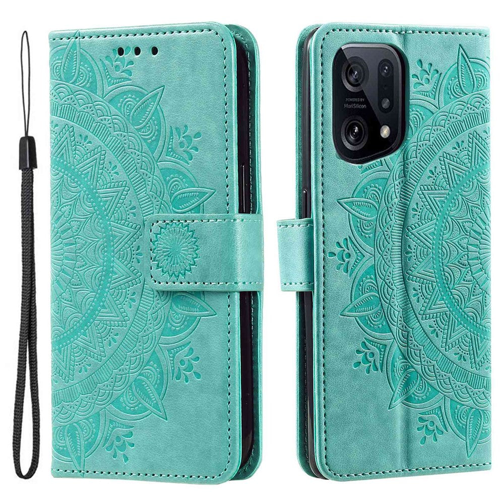 For Oppo Find X5 5G Folio Stand Cover Mandala Flower Pattern Imprinted PU Leather Wallet Shockproof Flip Case with TPU Inner Wrist Strap