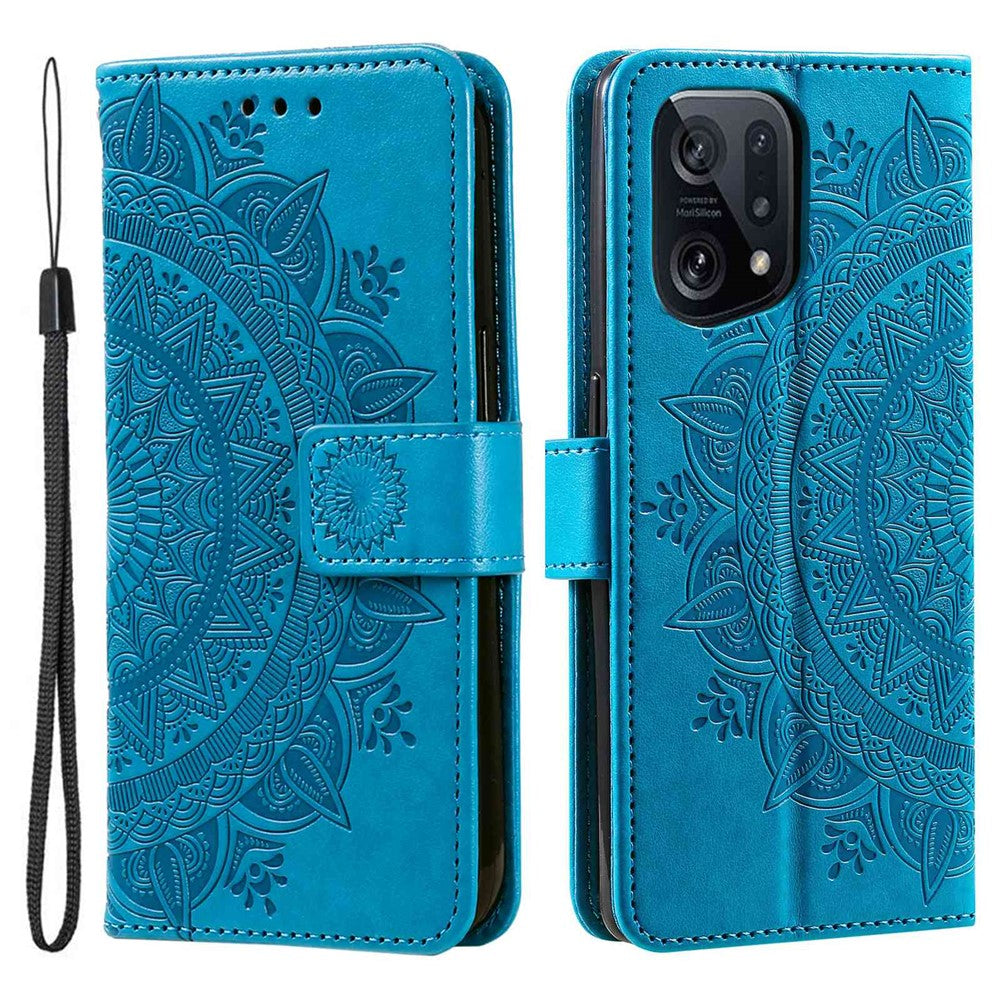For Oppo Find X5 5G Folio Stand Cover Mandala Flower Pattern Imprinted PU Leather Wallet Shockproof Flip Case with TPU Inner Wrist Strap