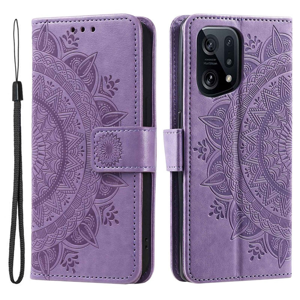 For Oppo Find X5 5G Folio Stand Cover Mandala Flower Pattern Imprinted PU Leather Wallet Shockproof Flip Case with TPU Inner Wrist Strap