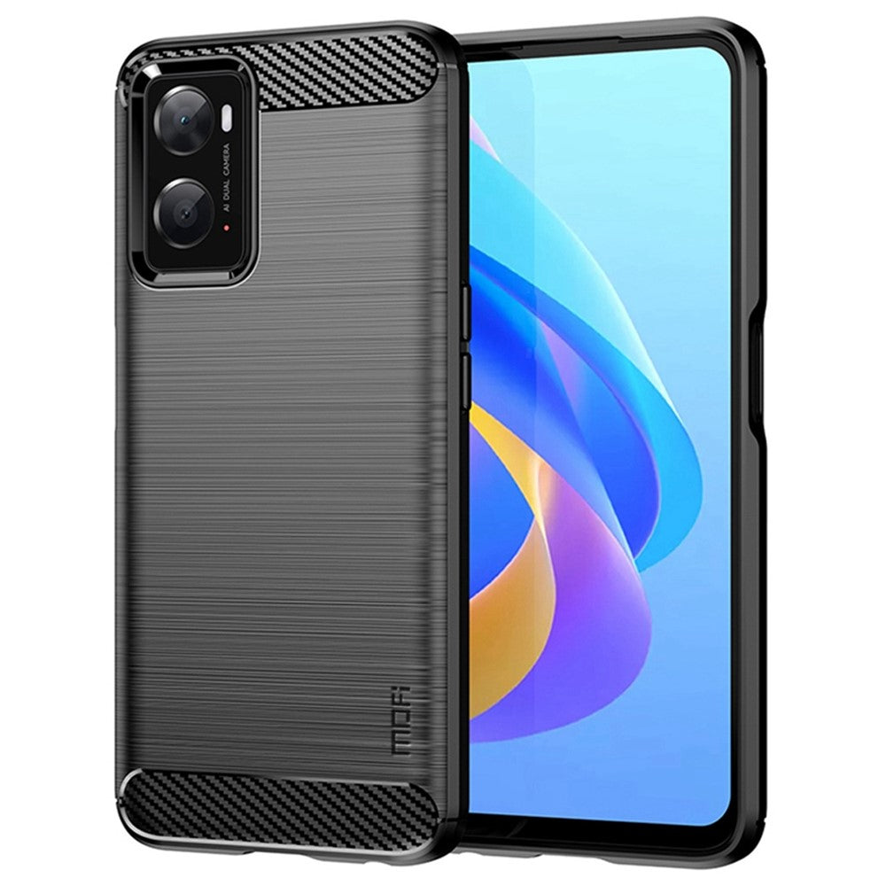 MOFI för Oppo A57 4G / A57s 4G / A57 (2022) 5G / A77 5G / K10 5G / Realme V23 4G / Narzo 50 5G / Q5i Ultratunt kolfiberstruktur mjukt TPU bakstycke borstad yta oljebeständigt mobilskal