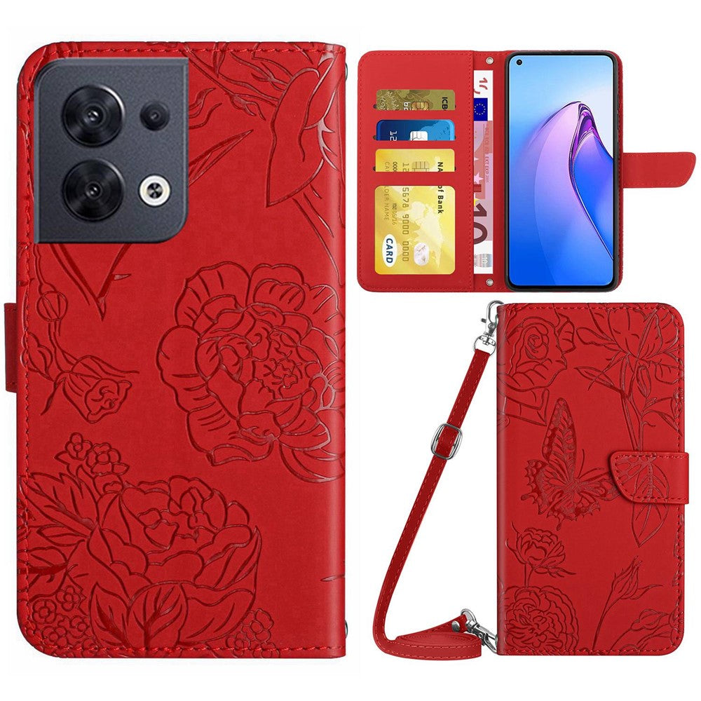 Oppo Reno8 5G (Global Version) PU Läderfodral med Fjärilsblommor, Stativ, Plånbok, Skin-touch mobilfodral med Axelrem