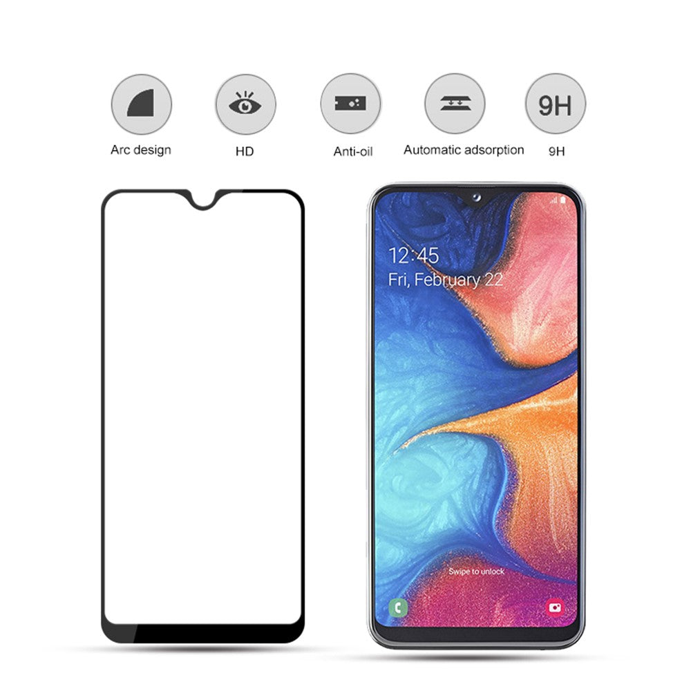 MOCOLO Double Defense Skærmbeskyttelse i hærdet glas til Samsung Galaxy A20e, silketryk, fuld dækning, fuld klæbning, 9H hårdhed, HD-film