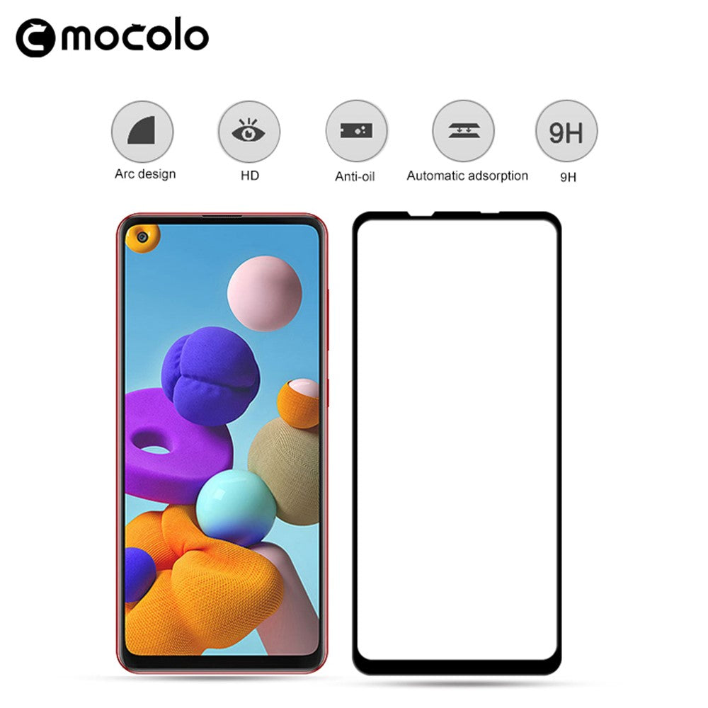 MOCOLO Silk Printing Härdat Glasfilm för Samsung Galaxy A21s, HD Clear Full Size Full Glue Double Defense Explosion Anti-Screen Skärmskydd