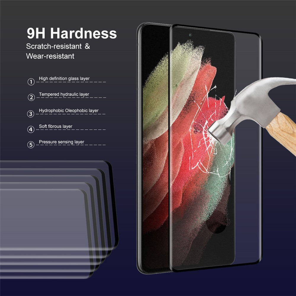 HAT PRINCE 2 st/set Ultra HD helskärm heltäckande lim 0,26 mm 9H hårdhet 3D böjd kant varmböjd härdat glas skyddsfilm för Samsung Galaxy S21 Ultra 5G (stöd för fingeravtryckslåsning)