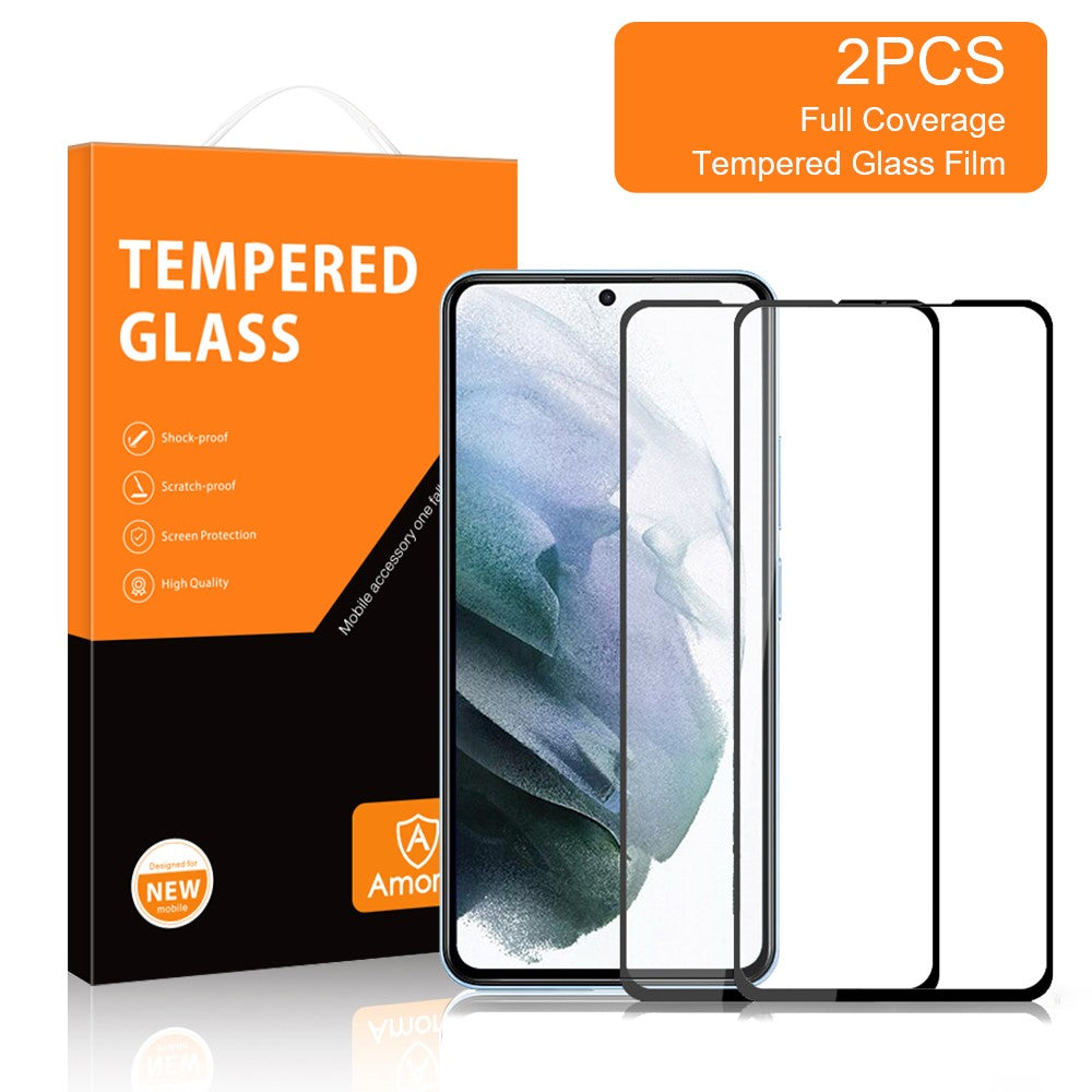 AMORUS 2 st/förpackning sekundärhärdande härdat glasfilm för Samsung Galaxy S22 5G / S23, heltäckande heltäckande silkestryck skärmskydd HD klart reptåligt
