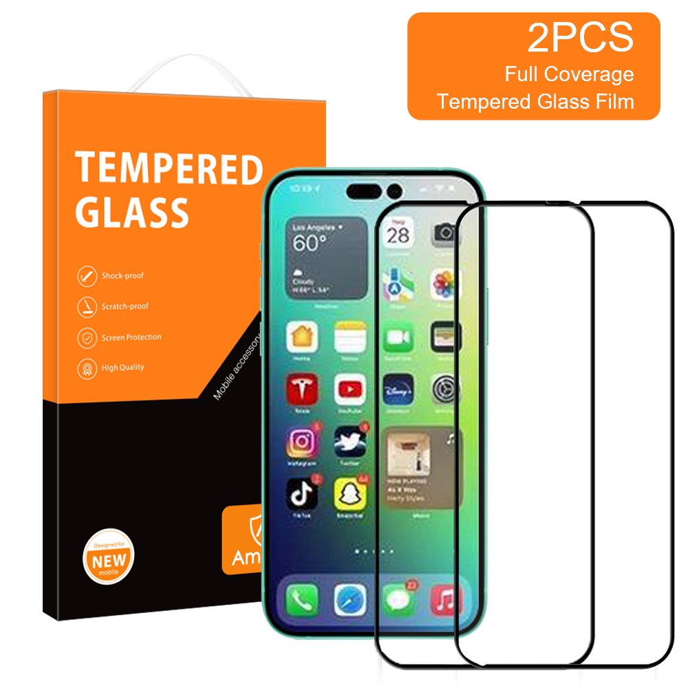 AMORUS 2Pcs/Pack for iPhone 14 Pro 6.1 inch Full Glue Full Size Tempered Glass Film, Silk Printing Secondary Strengthening Screen Protector