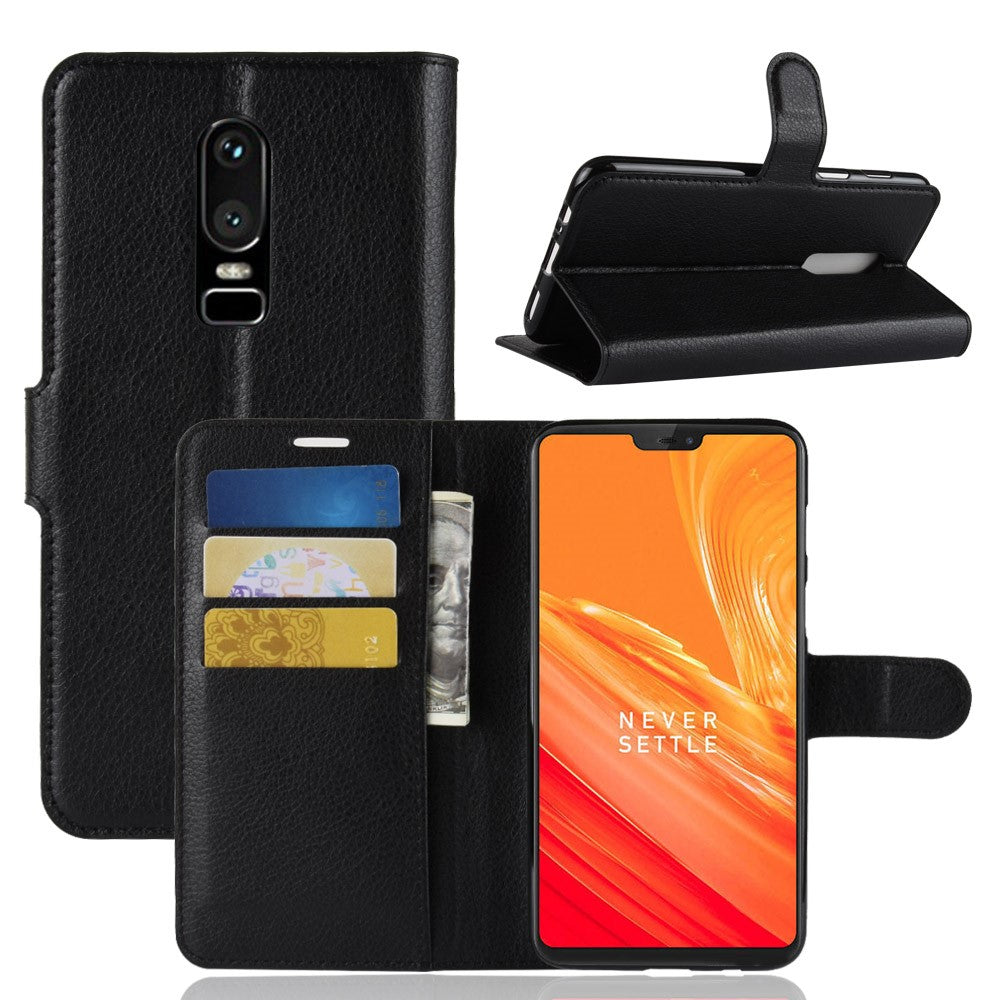 Litchi Skin Læder Stand Cover med Kortpladser til OnePlus 6 Mobiltelefon Etui