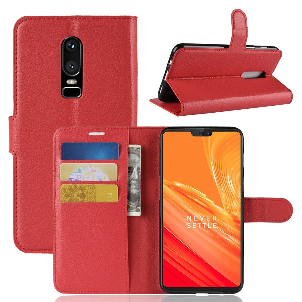Litchi Skin Läderfodral med Korthållare för OnePlus 6 Mobilskal
