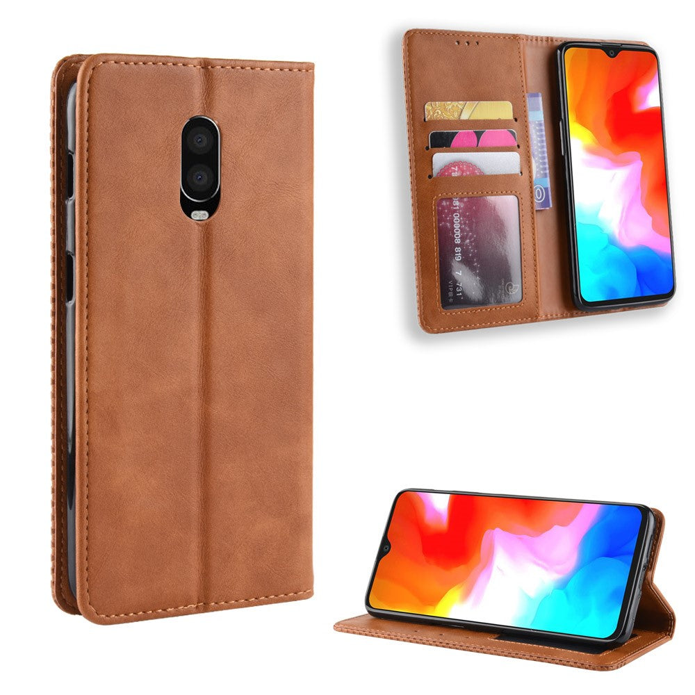 Plånboksfodral i läder i vintagestil till OnePlus 6T