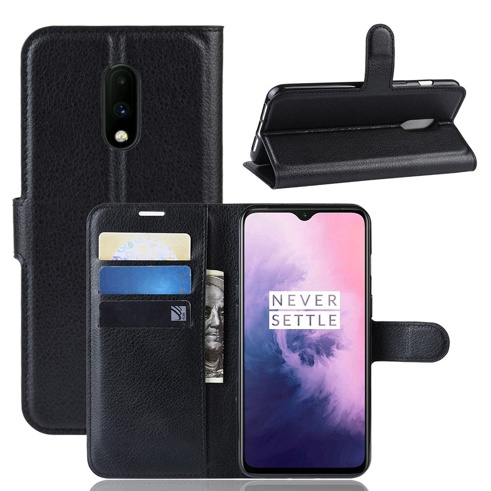 Litchi Texture Wallet Stand Läderskyddande mobilskal till OnePlus 7