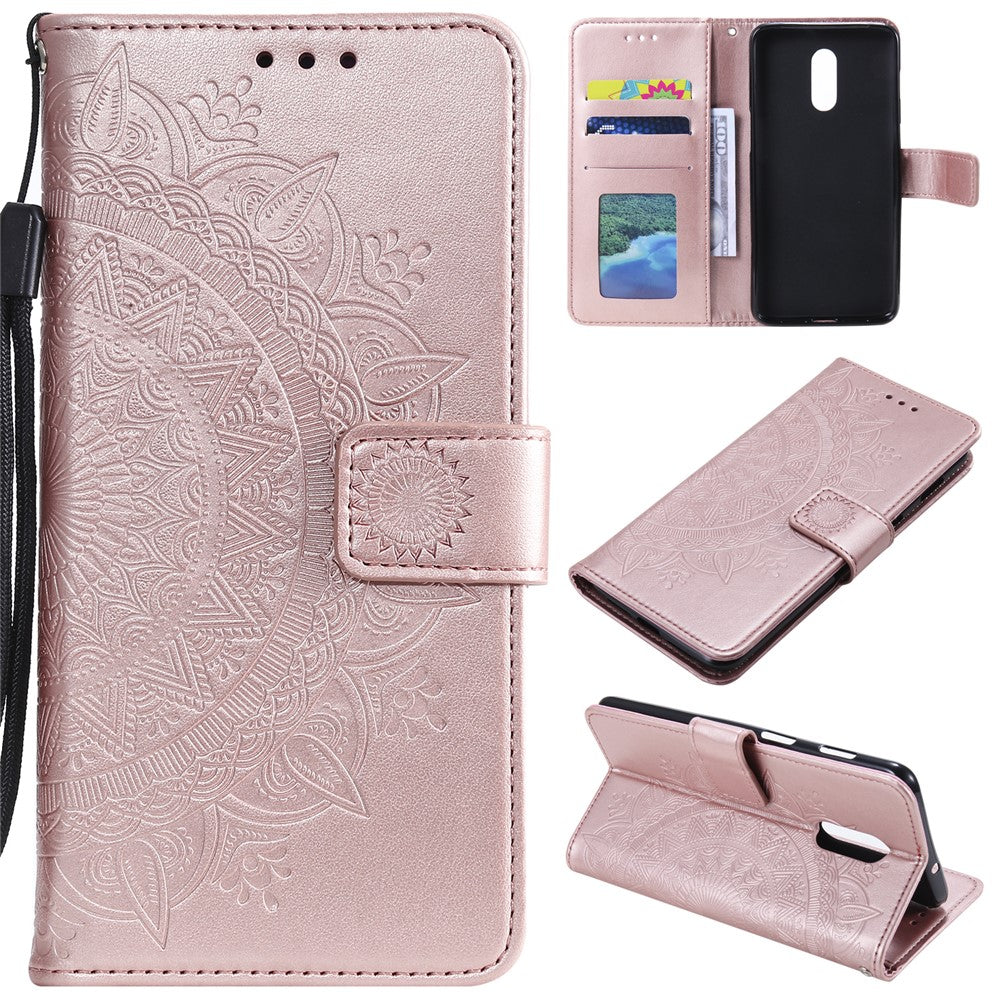 Läderplånboksfodral med tryck och blommotiv till OnePlus 7