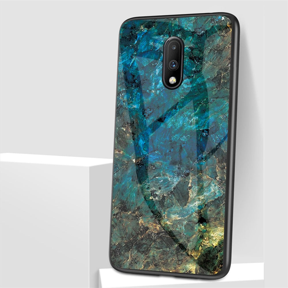 Hybrid Cover til OnePlus 7 med Marmorprint i Hærdet Glas + PC + TPU