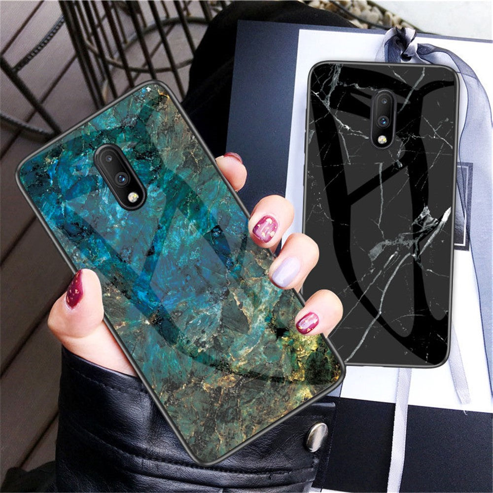 Marmorstruktur Härdat Glas + PC + TPU Hybridskal för OnePlus 7