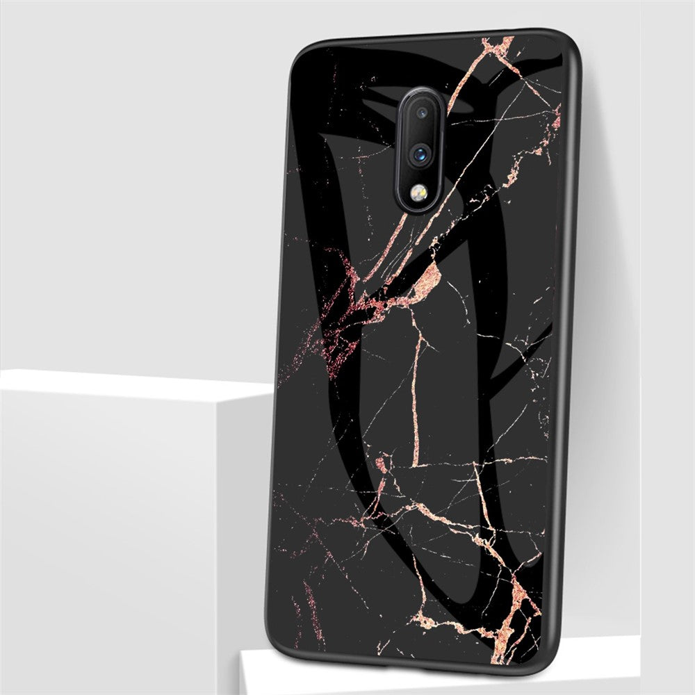 Hybrid Cover til OnePlus 7 med Marmorprint i Hærdet Glas + PC + TPU