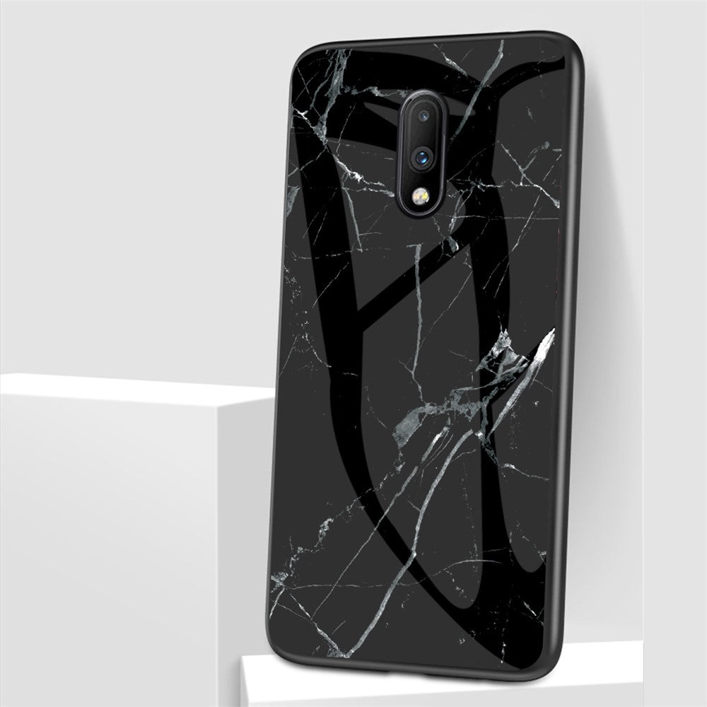 Hybrid Cover til OnePlus 7 med Marmorprint i Hærdet Glas + PC + TPU