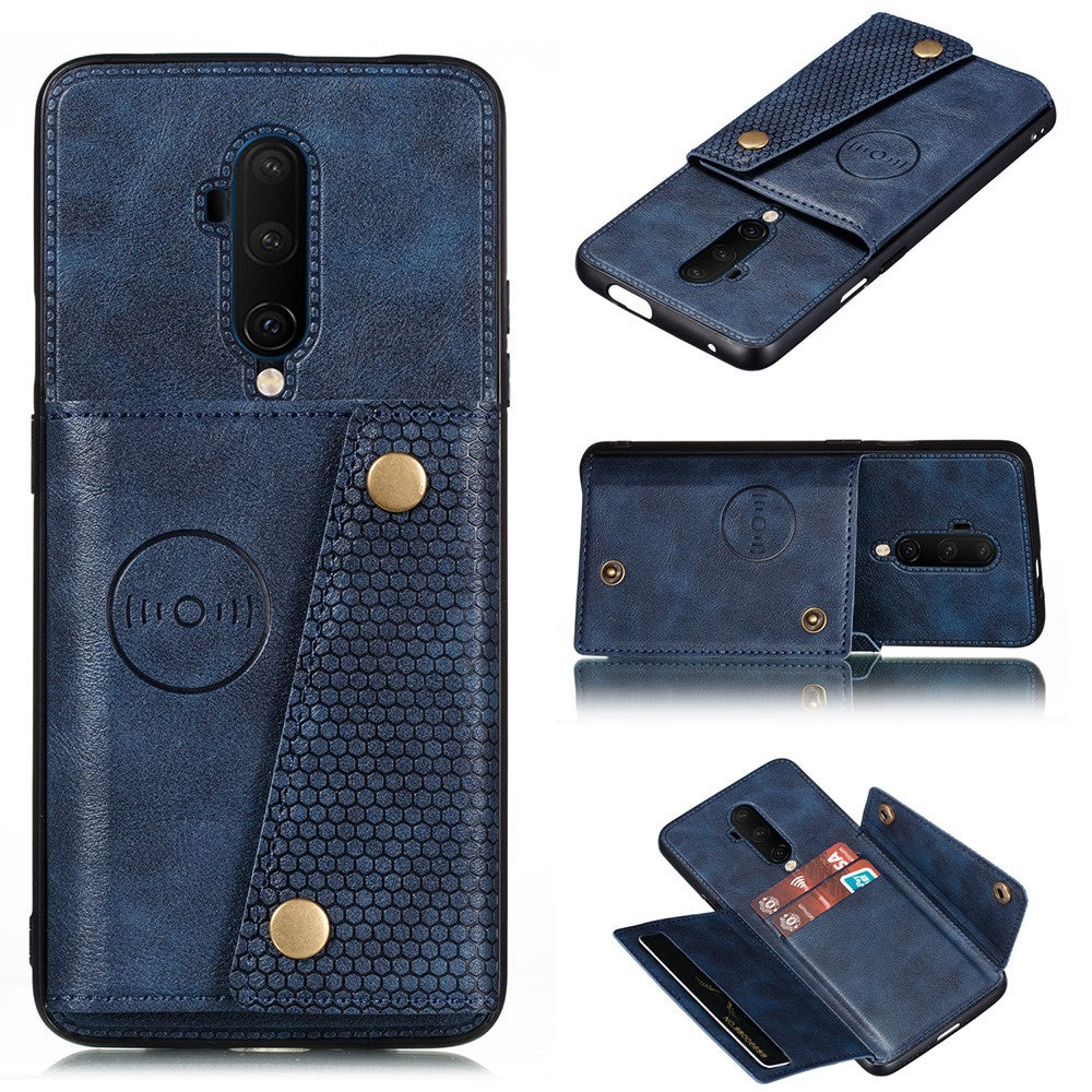 TPU-cover belagt med PU-læder, stativ og kortholder [indbygget magnetisk køretøjsplade] til OnePlus 7T Pro