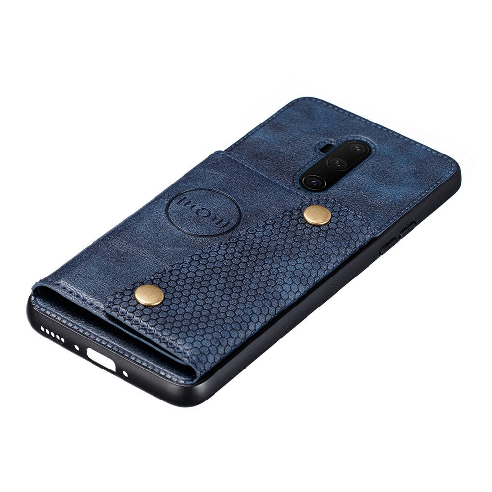 TPU-cover belagt med PU-læder, stativ og kortholder [indbygget magnetisk køretøjsplade] til OnePlus 7T Pro