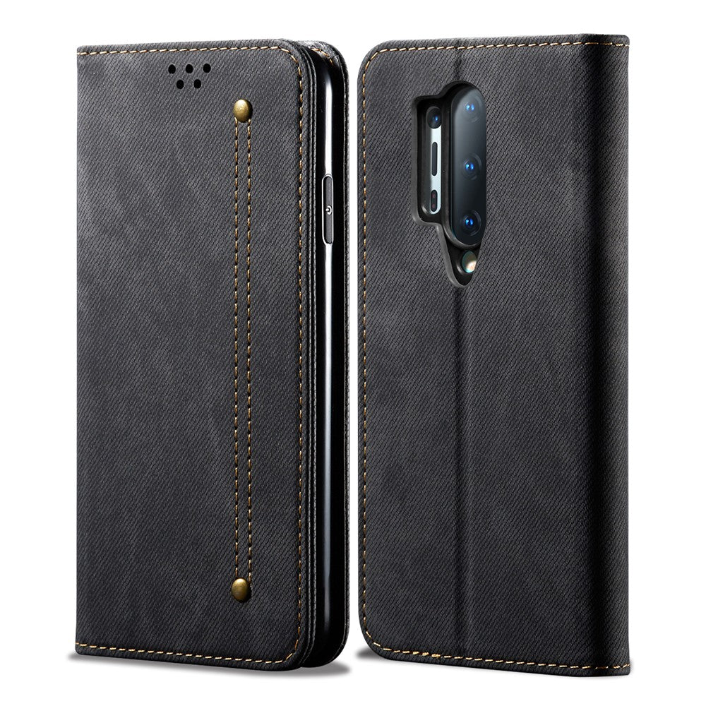 Plånboksfodral i läder med vintage-motiv och jeansmönster till OnePlus 8 Pro