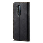 Plånboksfodral i läder med vintage-motiv och jeansmönster till OnePlus 8 Pro