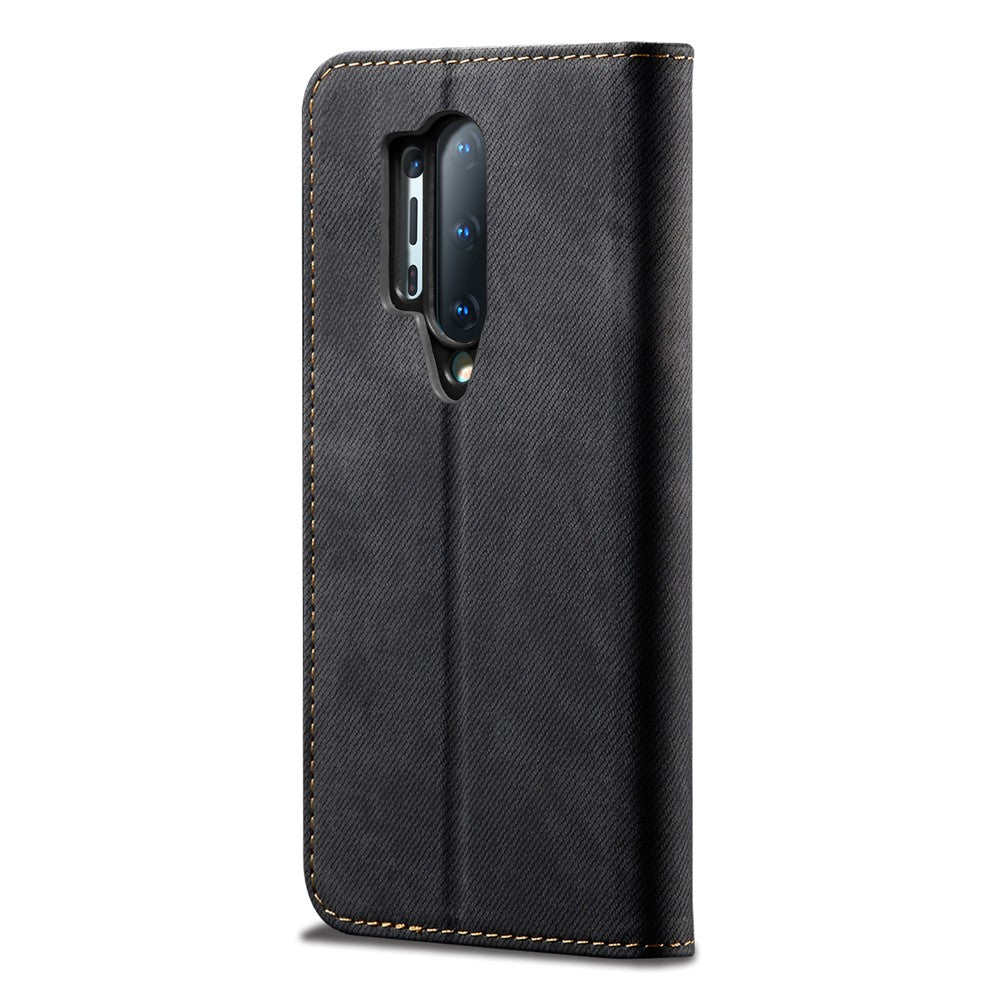 Plånboksfodral i läder med vintage-motiv och jeansmönster till OnePlus 8 Pro