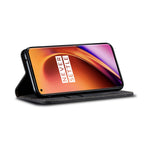 Plånboksfodral i läder med vintage-motiv och jeansmönster till OnePlus 8 Pro